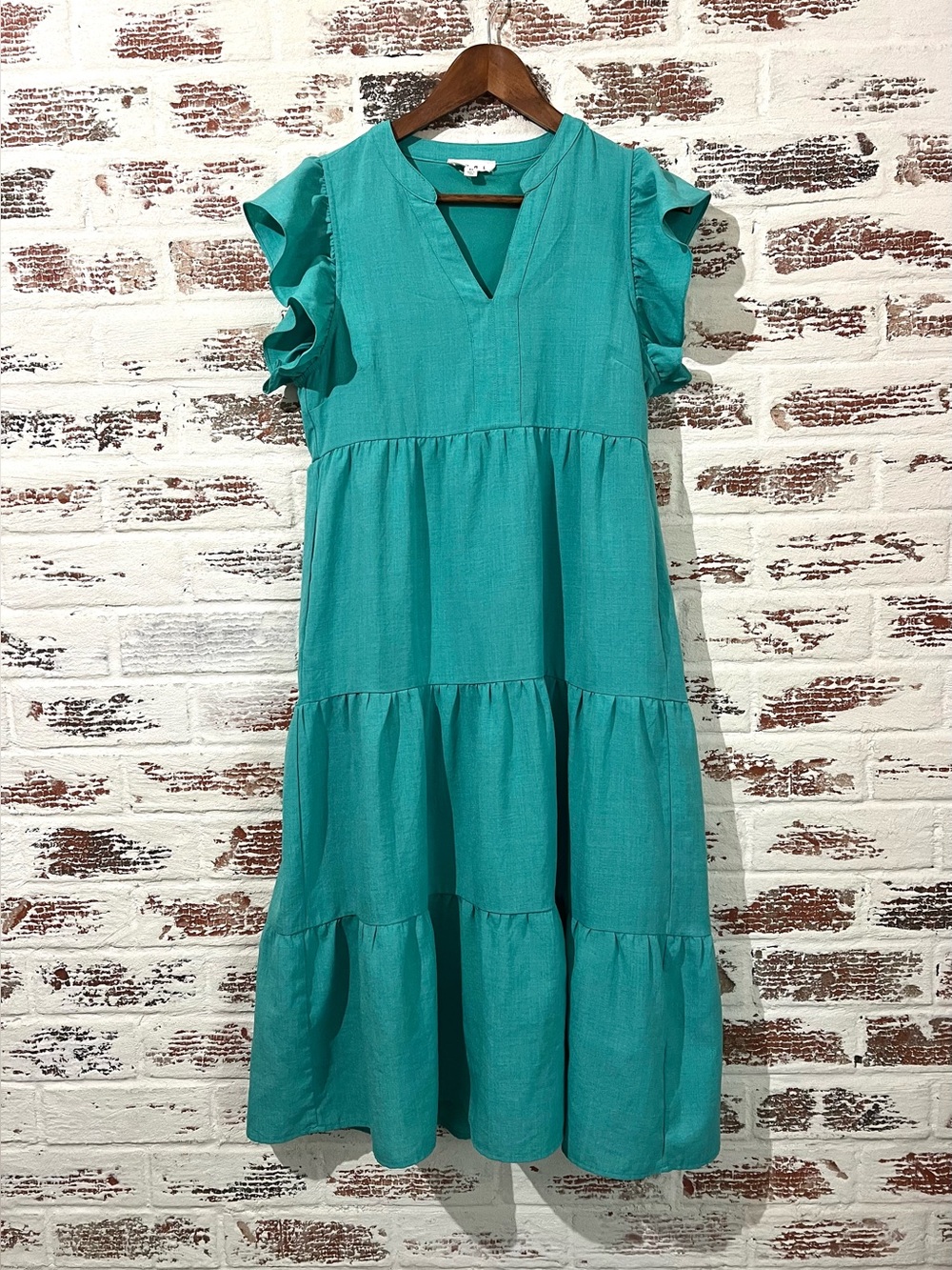 THML Teal Green Flutter Sleeve Tiered Midi Dress Side Zip Pockets XS